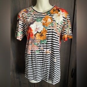 Zara Stripe Short-Sleeve Women's Top - Black/White with Orange & Green Floral